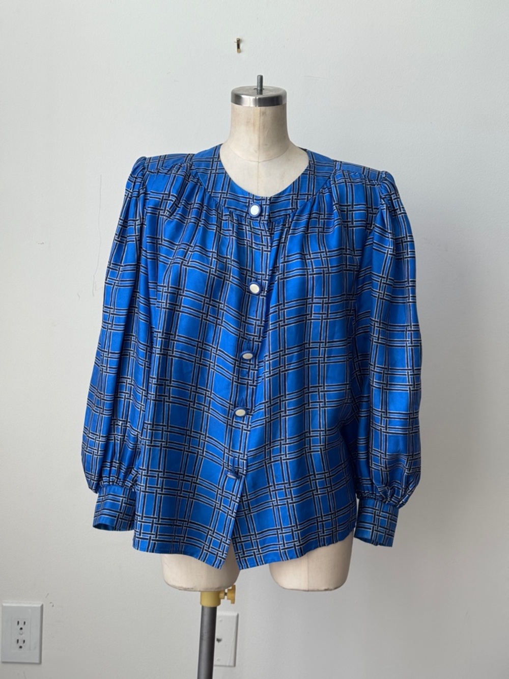 Yves Saint Laurent Blue Plaid Button-Front Blouse